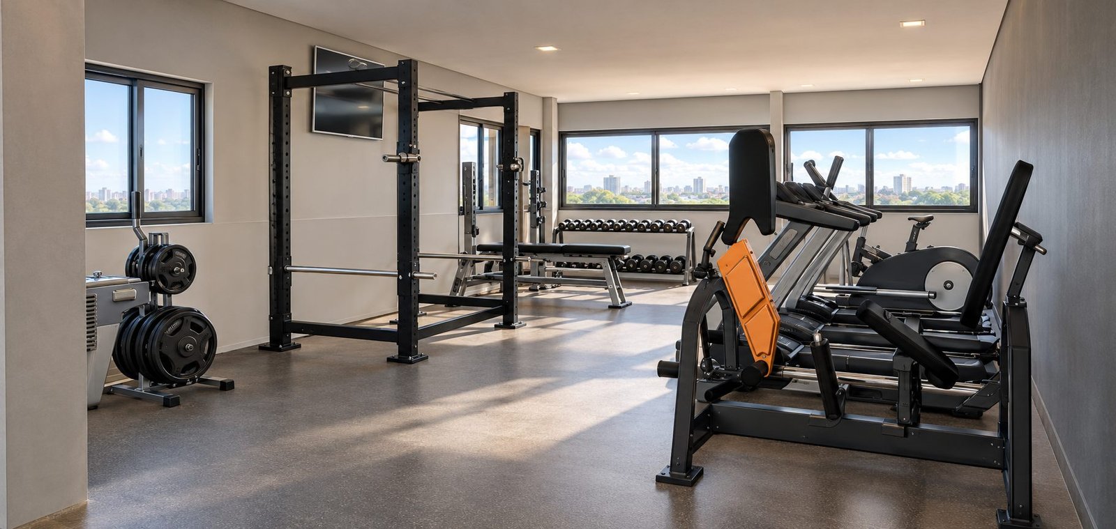 Perspectiva da academia do Nexo One Residence, com equipamentos de musculação e janelas com vista para a cidade