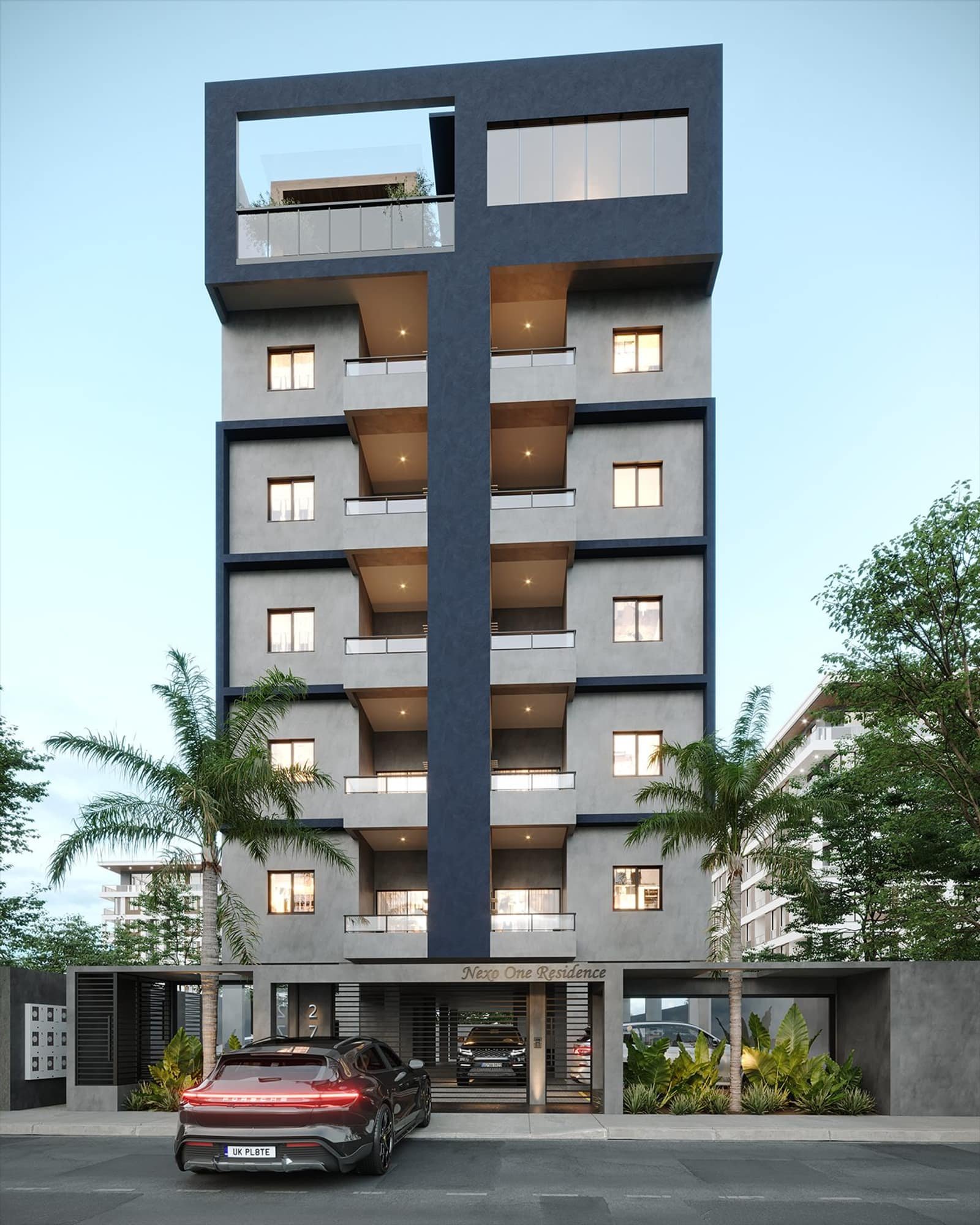 Nexo One Residence visto da rua durante o dia